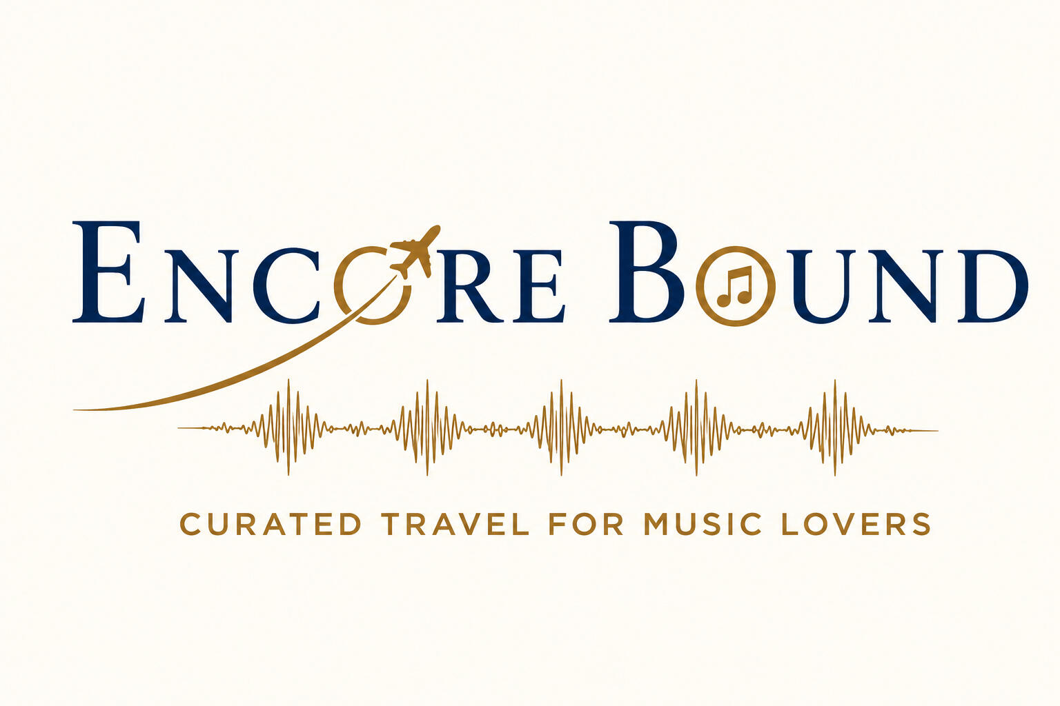 Encore Bound Primary Wordmark Encore Bound logo with airplane, music note, waveform, and curated travel tagline